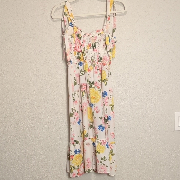 Lily Rose cream colorful floral bustier midi dress faux shoulder tie straps - Picture 9 of 10